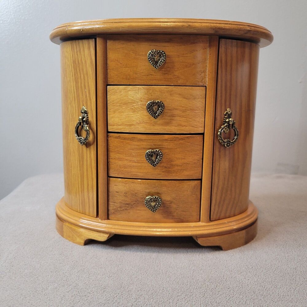 Vintage Mele Wooden Jewelry Box Armoire Heart Hardware Lining Mirror